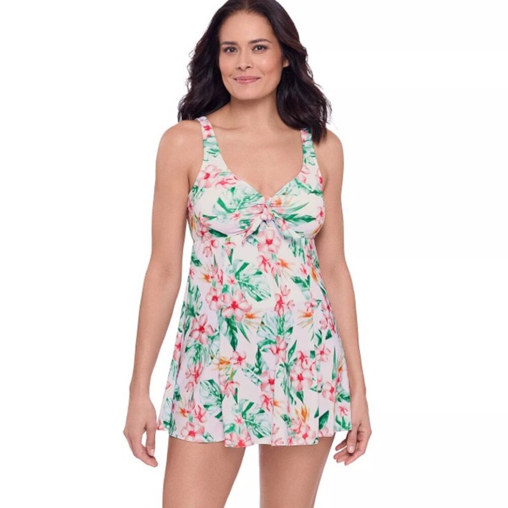 Bal Harbour Bow Front Swimdress Soft Focus Size 18 Plus Size Floral White Pink